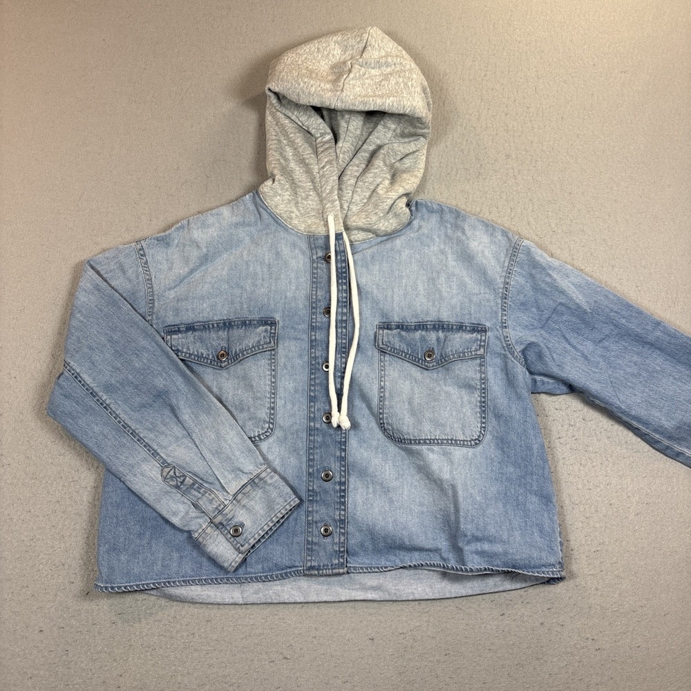 American Eagle Hooded Cropped Denim Jean Top Shirt Sweatshirt Sleeves Womens 14